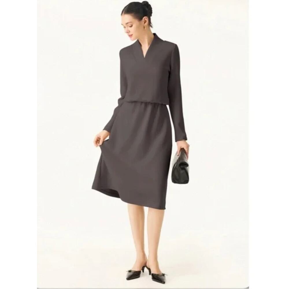 OGL Elevated V-Neck Midi Dress L Gray Long Sleeve Cinched Softtrine NWT